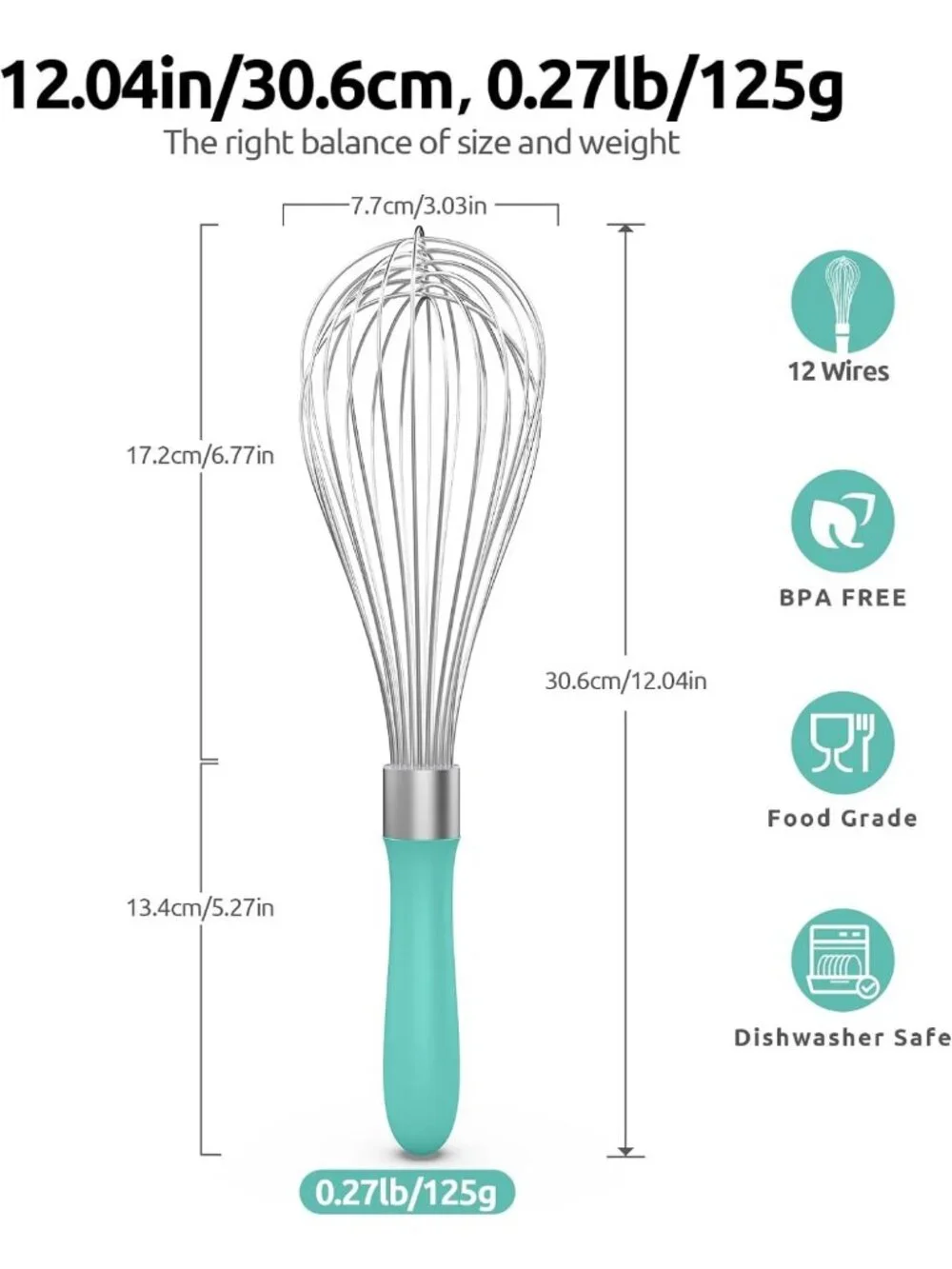 Large Stainless Steel Balloon Whisk - Heavy Duty Egg Beater & Mixing Tool, 12in
